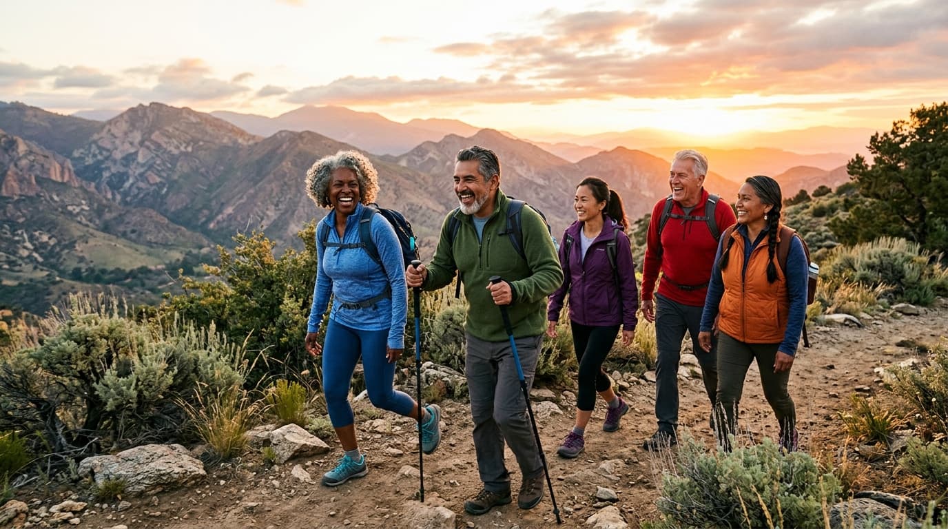 Diverse, active adults over 50 years old with warm, genuine smiles enjoying an outdoor morning hike in nature
